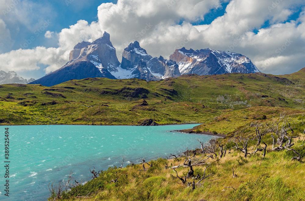 The majestic Torres del Paine Andes mountain peaks by Pehoe Lake, Torres del Paine national park, Patagonia, Chile.