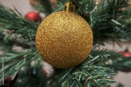 closeup of christmas ball hanging on tree