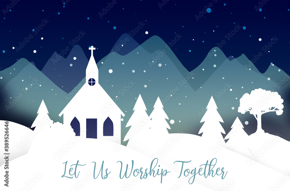 Christmas scene with Church steeple and mountains in the background, beautiful holiday landscape with snow falling on white cut-out Church with cross and text saying Let us Worship Together