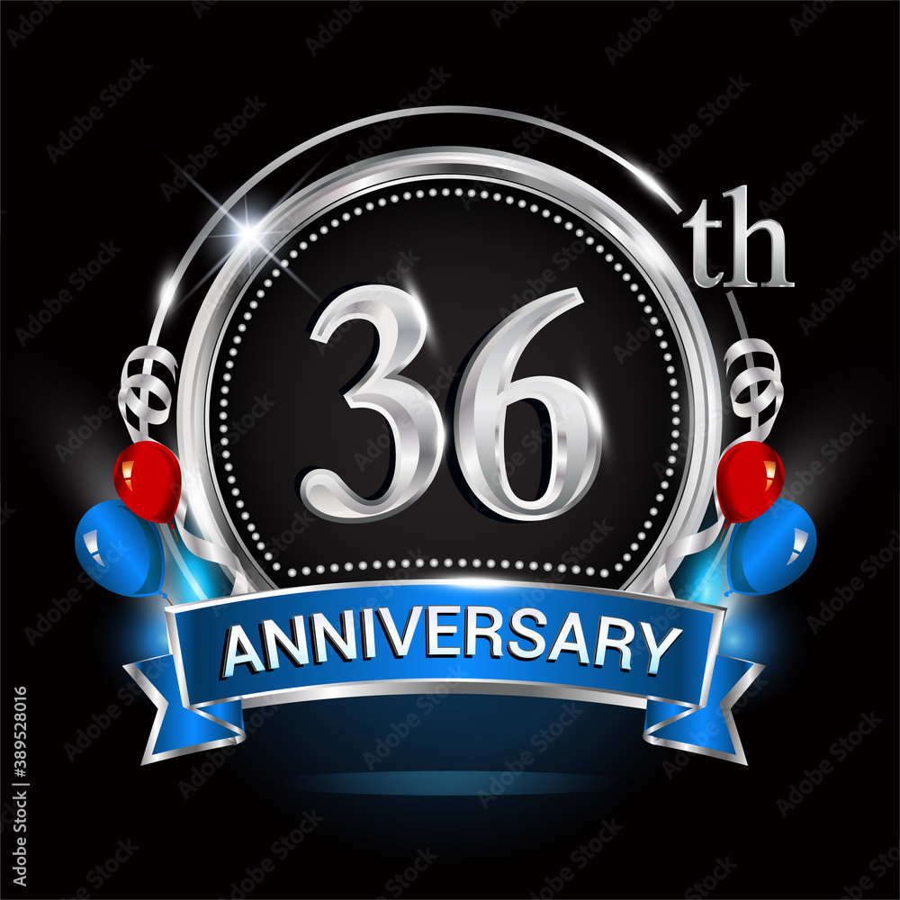 36th anniversary logo with silver ring, balloons and blue ribbon. Vector design template elements for your birthday celebration. 36th anniversary logo with silver ring, balloons and blue ribbon. Vector design template elements for your birthday celebration.