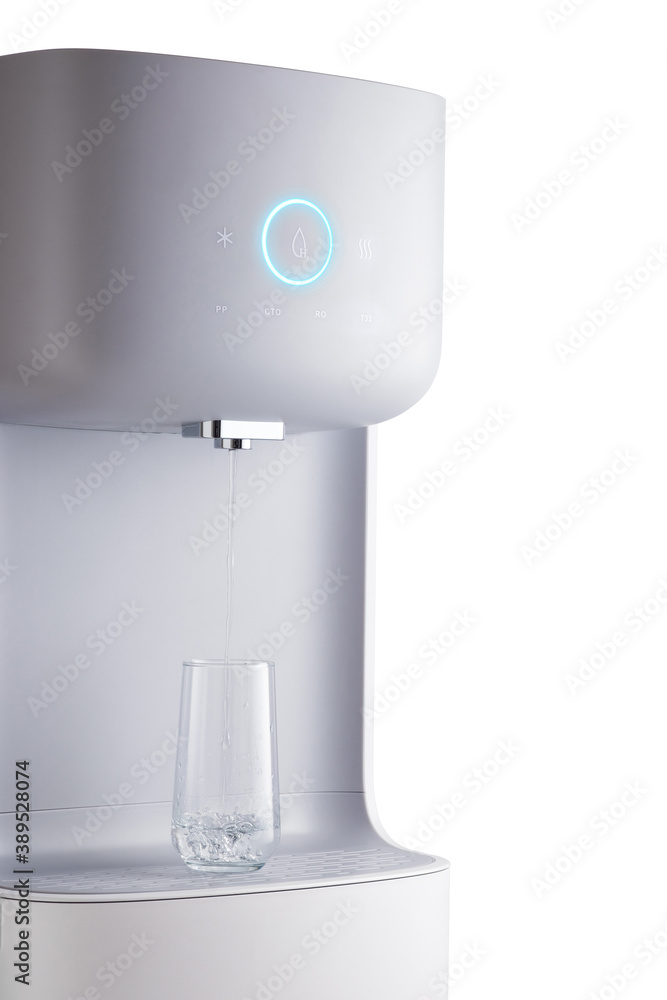 Modern technology concept. New water cooler format. A glass of pouring water. Touch panel with glowing indicator. Technological design. Modern technology concept. New water cooler format. A glass of pouring water. Touch panel with glowing indicator. Technological design.