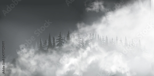 White puff clouds on the dark transparent background. Tons of thick strong avalanche-like smoke placed in a diagonal direction. 3d realistic vector illustration