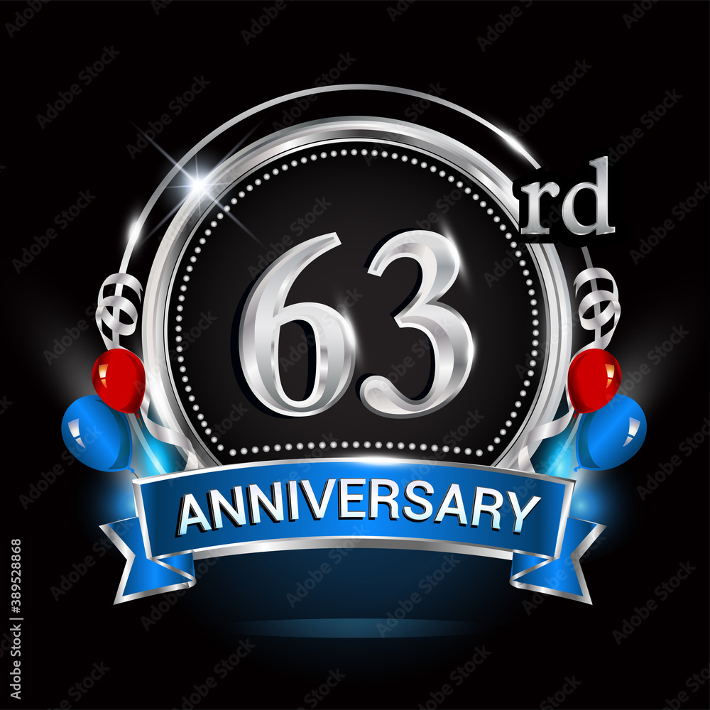63rd anniversary logo with silver ring, balloons and blue ribbon. Vector design template elements for your birthday celebration. 63rd anniversary logo with silver ring, balloons and blue ribbon. Vector design template elements for your birthday celebration.