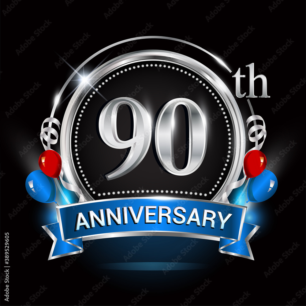 90th anniversary logo with silver ring, balloons and blue ribbon. Vector design template elements for your birthday celebration. 90th anniversary logo with silver ring, balloons and blue ribbon. Vector design template elements for your birthday celebration.