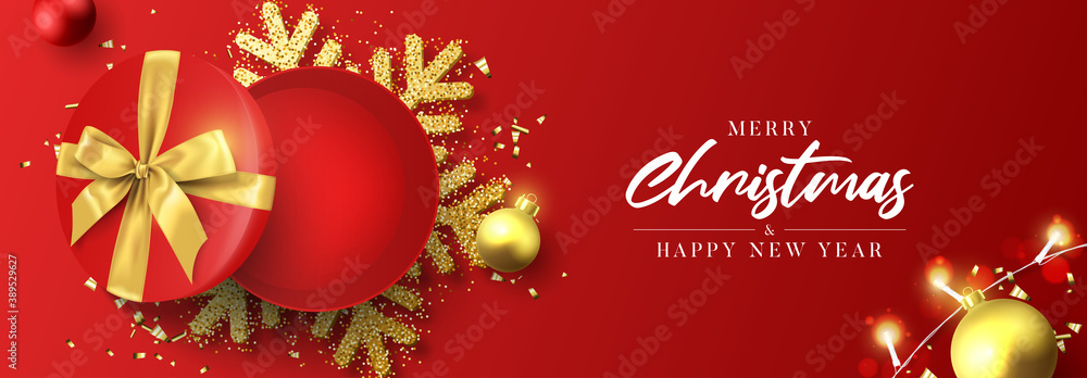 Merry Christmas and Happy New Year banner. Holiday background with round open gift box, Christmas balls, sparkling light garlands, snowflake and confetti. Vector illustration.