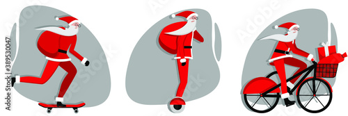 Vector image of Santa Claus on a gyro. Image for using postcards, websites, and banners. Modern Santa Claus is a hipster.