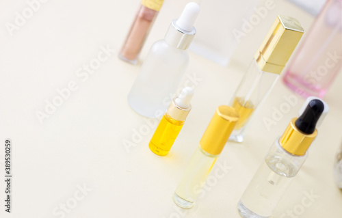 Various cosmetic products. Perfume, cosmetic oil, anti-wrinkle serum, moisturizing, cleansing. The concept of skin care or perfume