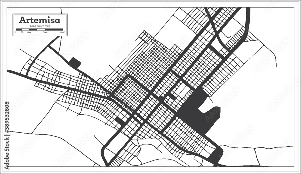 Artemisa Cuba City Map in Black and White Color in Retro Style. Outline Map.