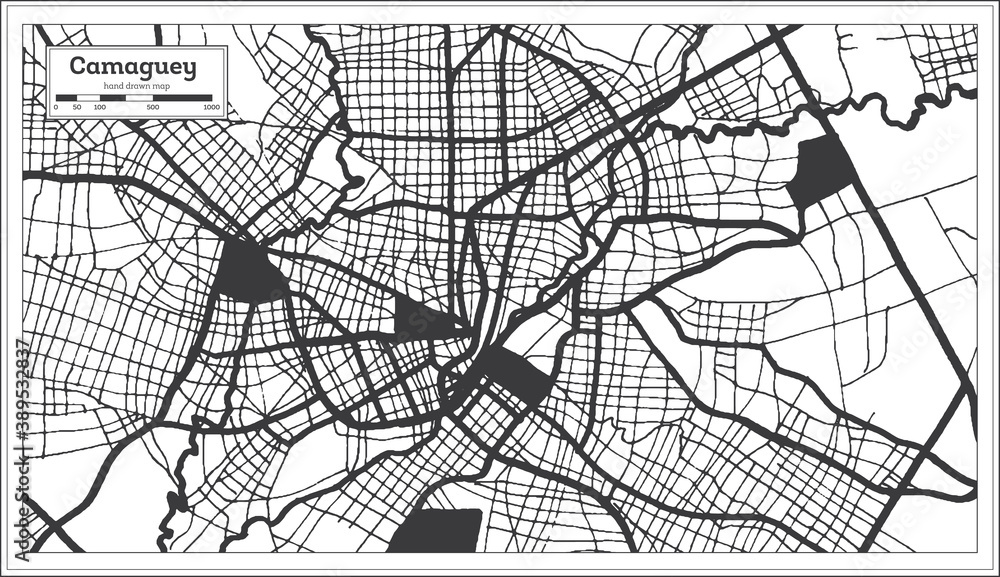 Camaguey Cuba City Map in Black and White Color in Retro Style. Outline Map.