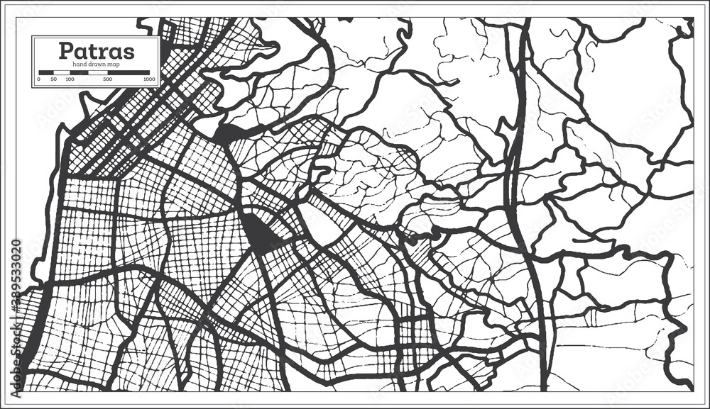 Patras Greece City Map in Black and White Color in Retro Style. Outline Map.