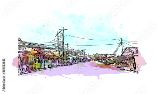 Building view with landmark of Catbalogan is the capital of the province of Samar, Philippines. Watercolor splash with hand drawn sketch illustration in vector.