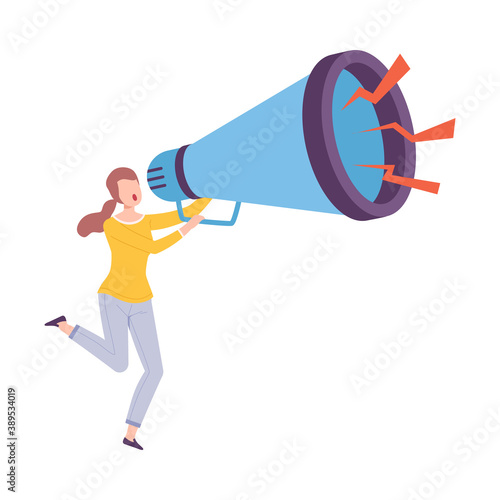 Young Woman Holding Huge Megaphone Making Announcement and Screaming Information Vector Illustration