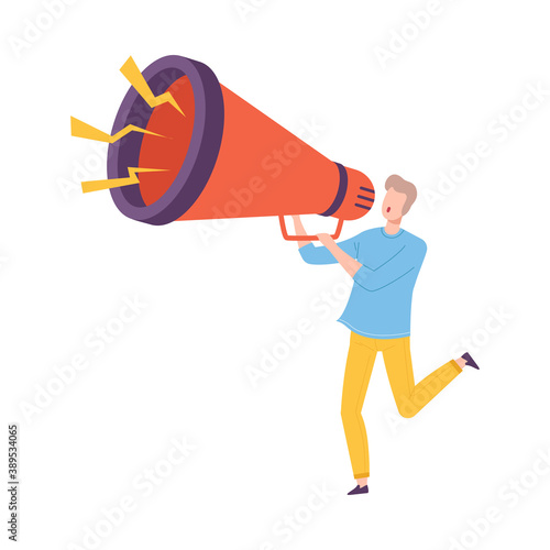 Young Man Holding Huge Megaphone Making Announcement and Screaming Information Vector Illustration