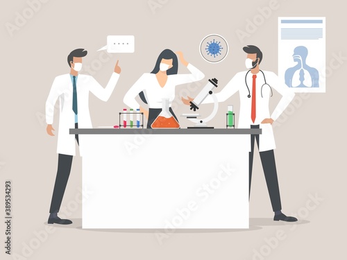 Scientists during laboratory experiment for vaccine development, Coronavirus antivirus medical research concept, team working in a science laboratory.