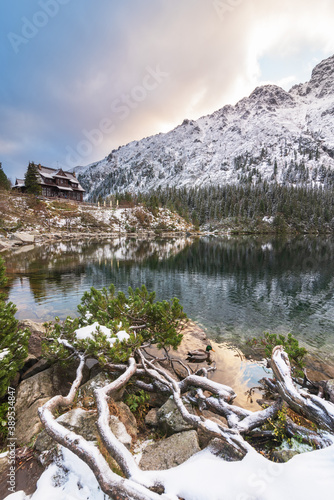 The first snow in the Polish Tatras on Lake Morske Oko