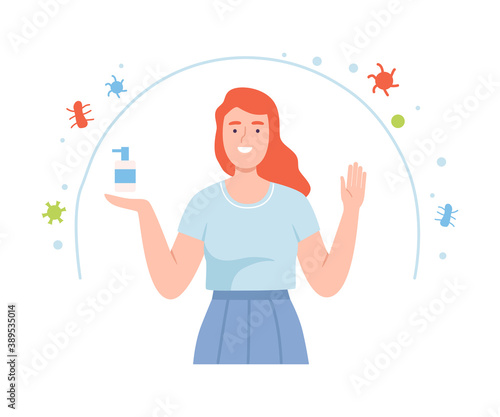 Healthy Female Character with Invisible Bacterial Protection Holding Sanitizer Bottle Vector Illustration