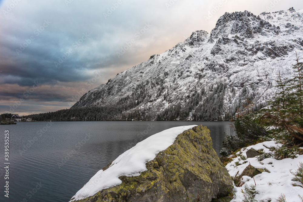 The first snow in the Polish Tatras on Lake Morske Oko