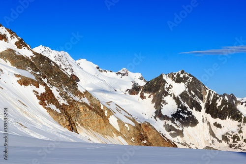 Mountain snow panorama and summit Sexegertenspitze in the morning at sunrise in Tyrol Alps, Austria