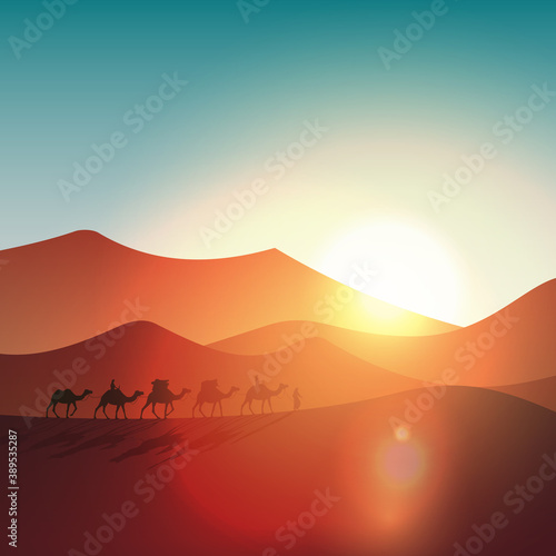 Desert Landscape in the Afternoon with Camels Silhouette