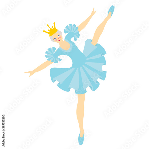 ballerina in a crown and a pose tutu stands on one leg, vector clip art on a red isolated background