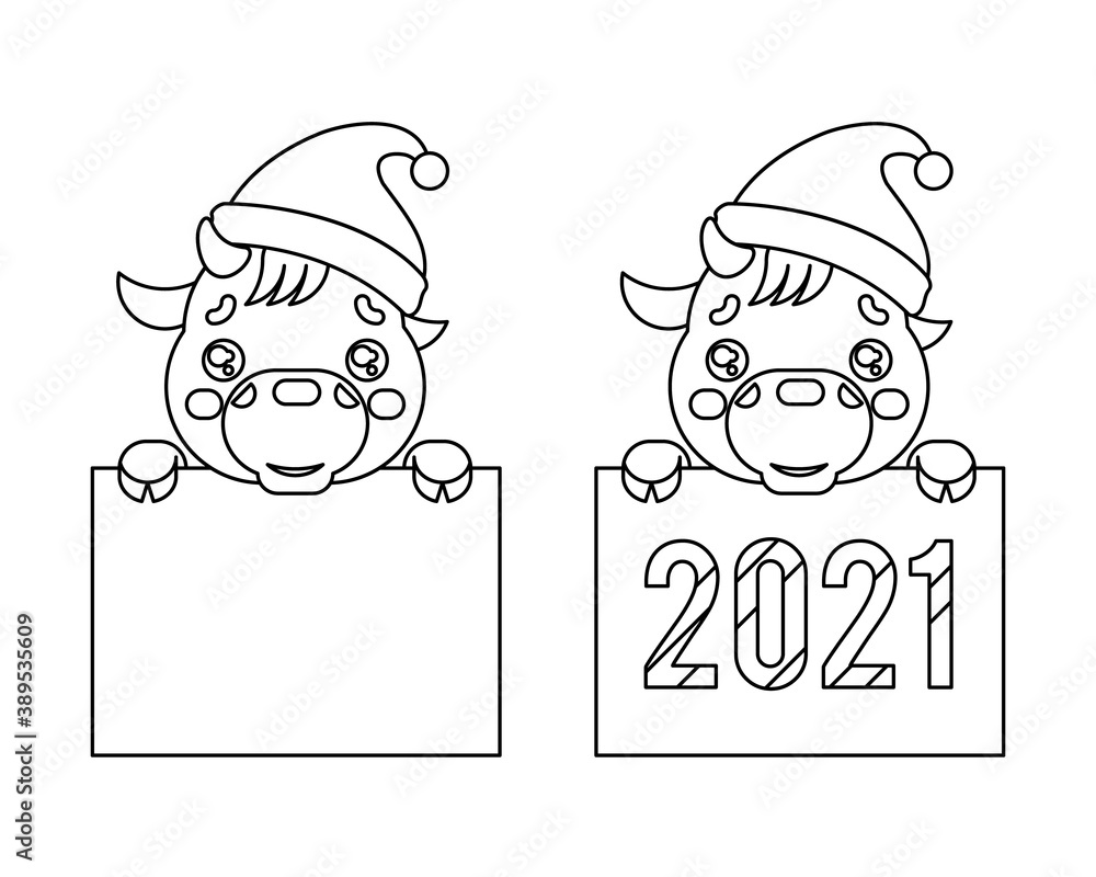 Cartoon lineart 2021 year cute baby cow ox cub blank paper sheet outline design flat vector illustration Cartoon lineart 2021 year cute baby cow ox cub blank paper sheet outline design flat vector illustration