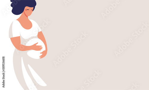 Modern banner about pregnancy and motherhood. Poster with a beautiful young pregnant woman with place for text. Minimalistic design, flat cartoon vector illustration.