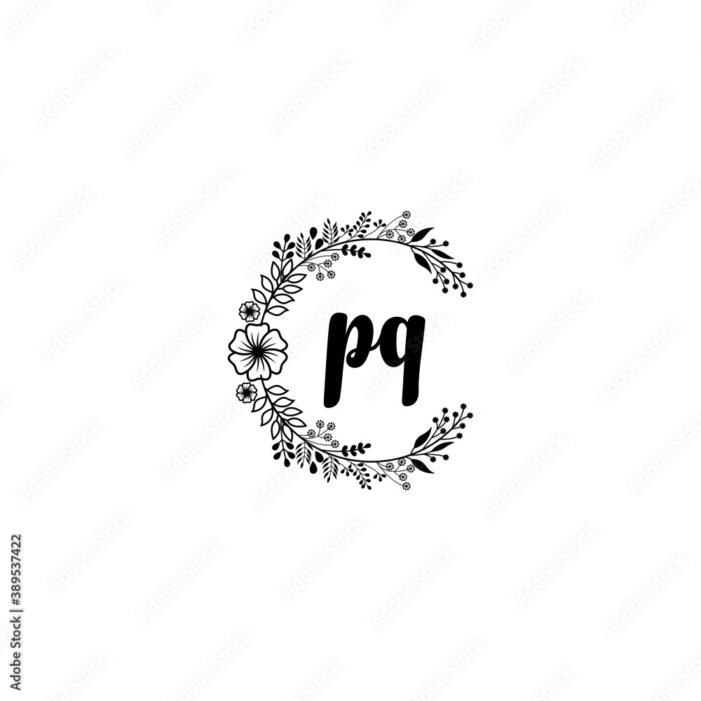 Initial PQ Handwriting, Wedding Monogram Logo Design, Modern Minimalistic and Floral templates for Invitation cards	