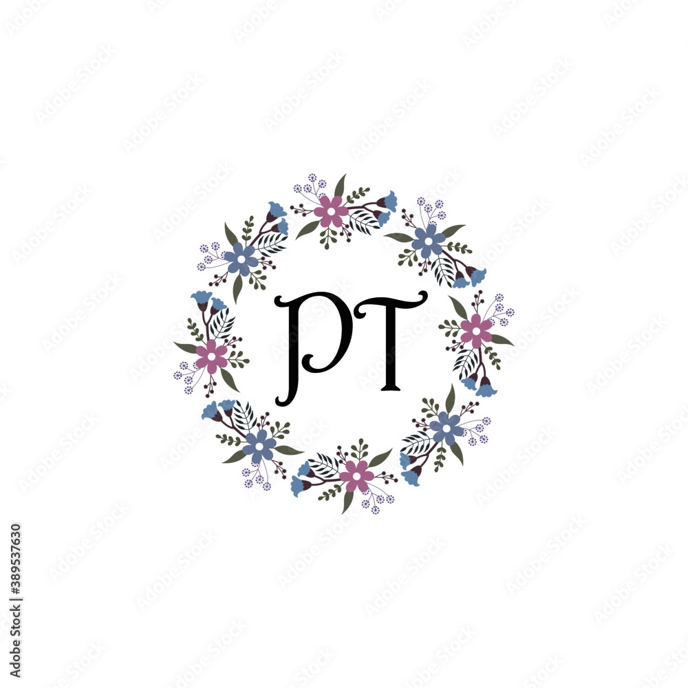Initial PT Handwriting, Wedding Monogram Logo Design, Modern Minimalistic and Floral templates for Invitation cards	