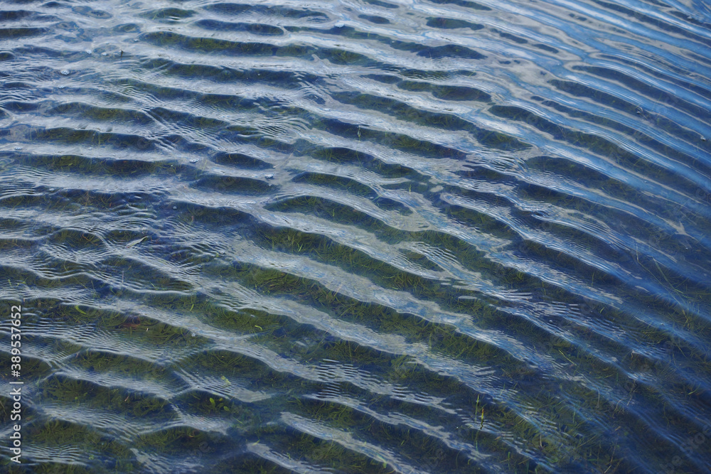 Water surface texture covered with ripples. Lake with clear water and green algae. Background. Water surface texture covered with ripples. Lake with clear water and green algae. Background.