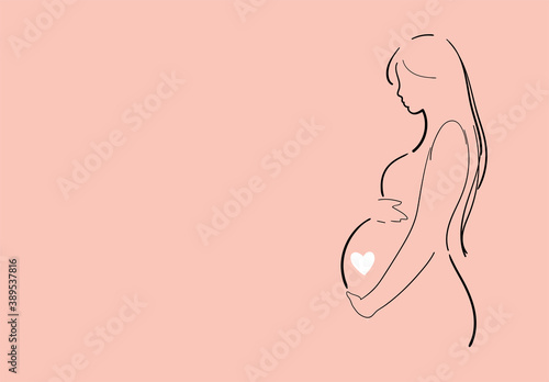 Modern banner about pregnancy and motherhood, line drawing. Poster with a beautiful young pregnant woman with place for text. Minimalistic design, flat cartoon vector illustration.