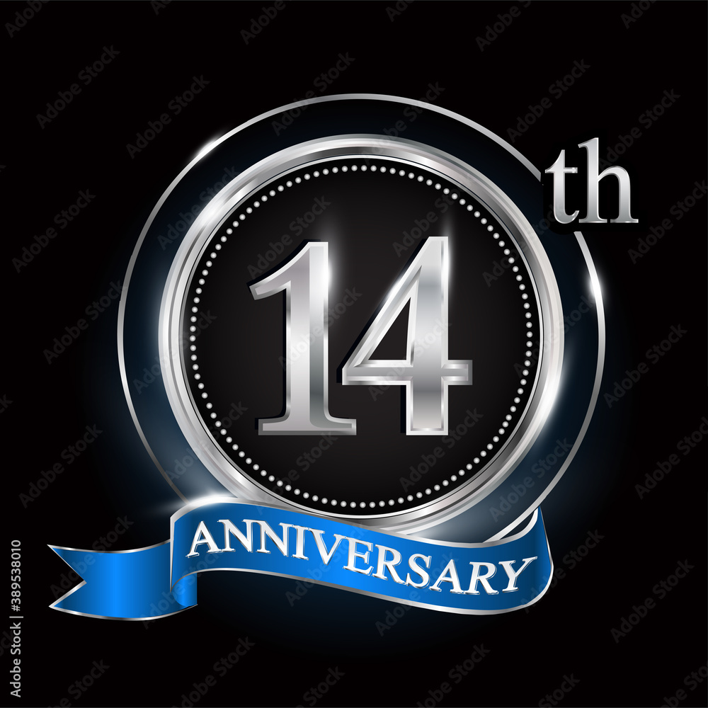 14th anniversary logo with silver ring and blue ribbon. 14th anniversary logo with silver ring and blue ribbon.