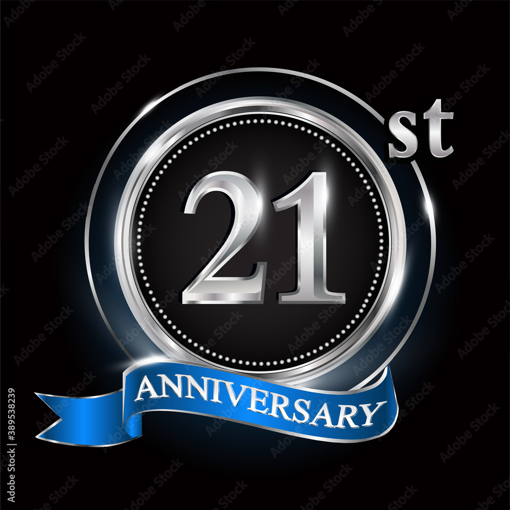 21st anniversary logo with silver ring and blue ribbon. 21st anniversary logo with silver ring and blue ribbon.