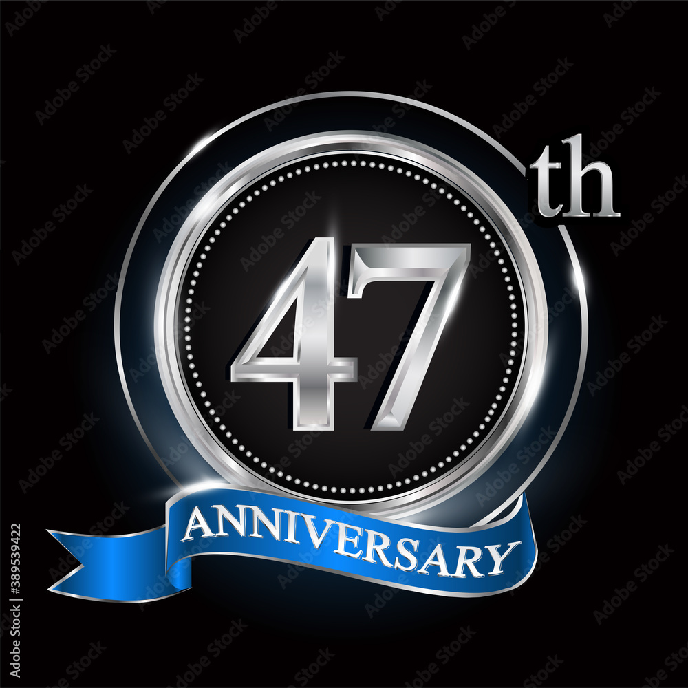 47th anniversary logo with silver ring and blue ribbon. 47th anniversary logo with silver ring and blue ribbon.