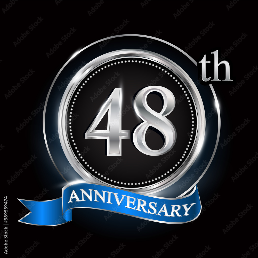 48th anniversary logo with silver ring and blue ribbon. 48th anniversary logo with silver ring and blue ribbon.