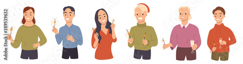 Collection of yong man and woman burning sparklers on Christmas party. Vector hand drawn illustration. Cartoon style. Flat design.