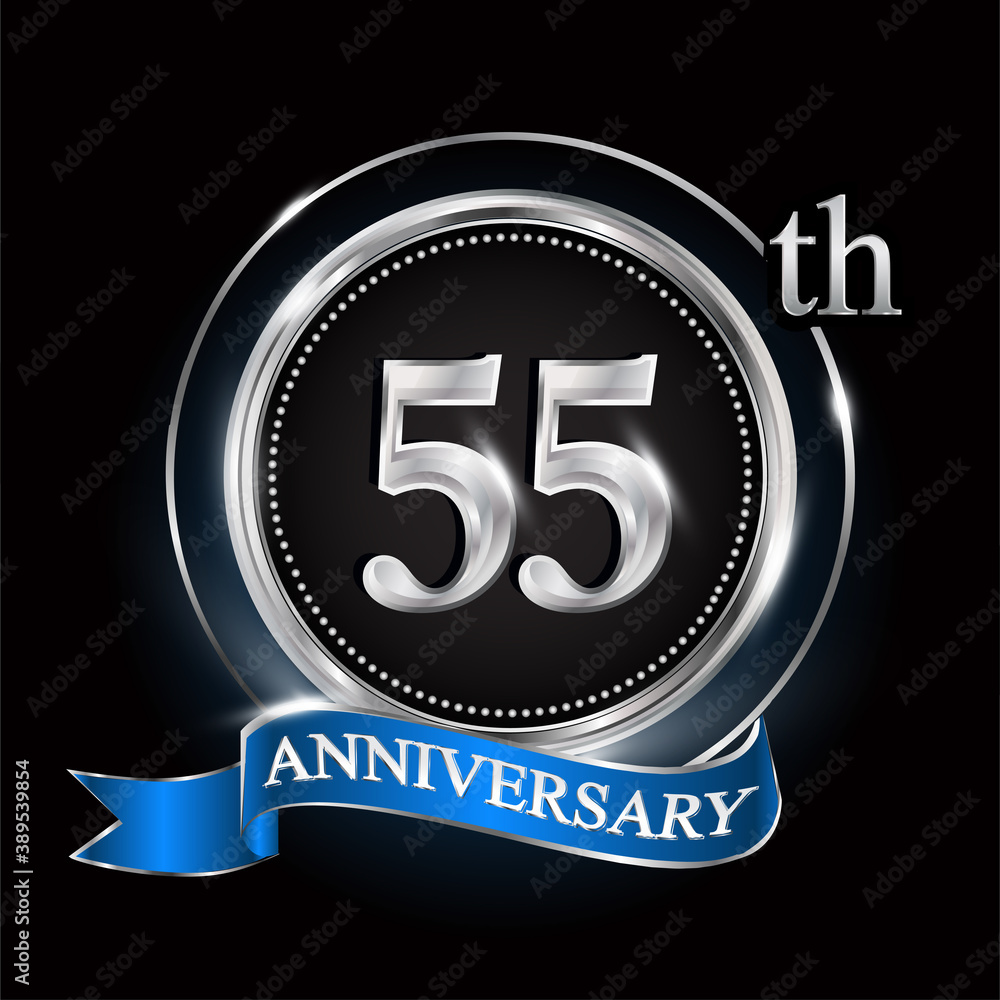 55th anniversary logo with silver ring and blue ribbon. 55th anniversary logo with silver ring and blue ribbon.
