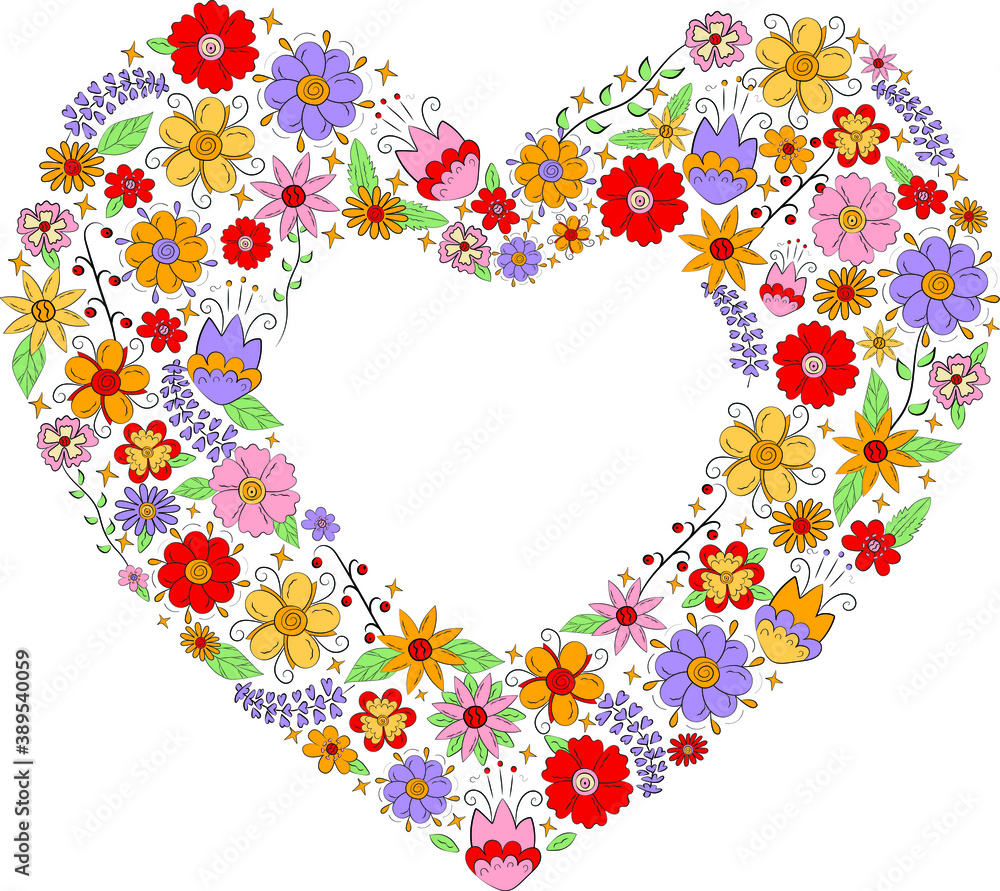 Heart shaped frame with cute colorful flowers in doodle style. Colorful vector image.