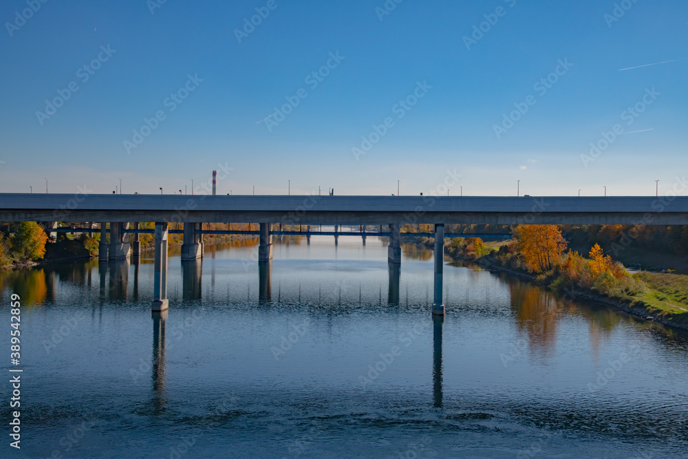 row of bridges on the new Danube in Vienna in autumn