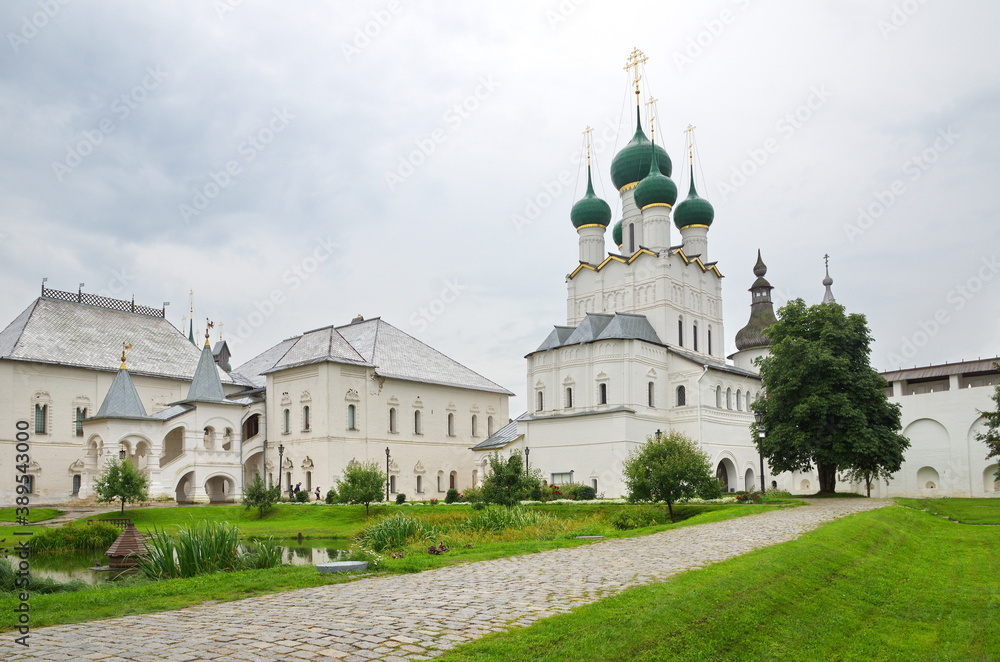 Rostov the Great (Veliky), Russia - July 24, 2019: The Church of St. John the theologian and the Red chamber in the Rostov Kremlin. Golden ring of Russia
