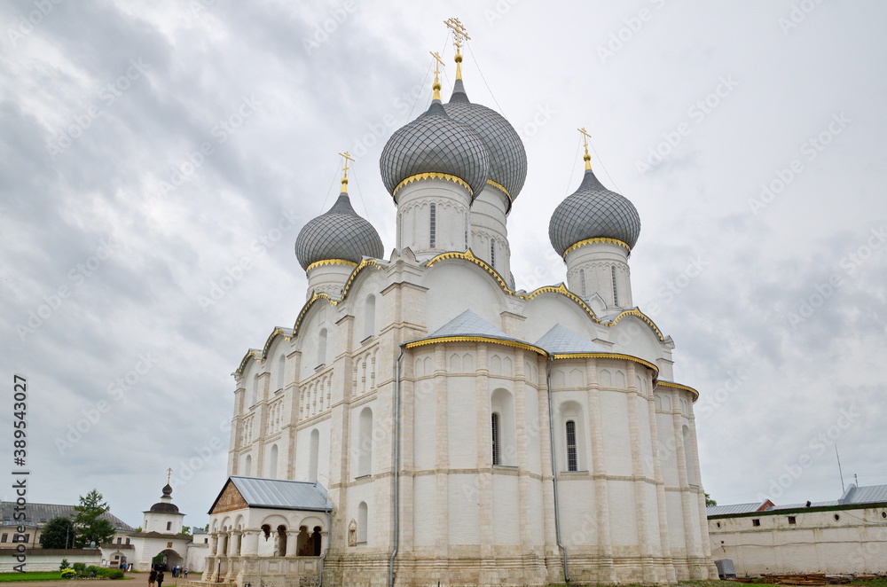 Rostov the Great (Veliky), Russia - July 24, 2019: Cathedral of the assumption of the blessed virgin Mary on Cathedral square in the Rostov Kremlin. Golden ring of Russia