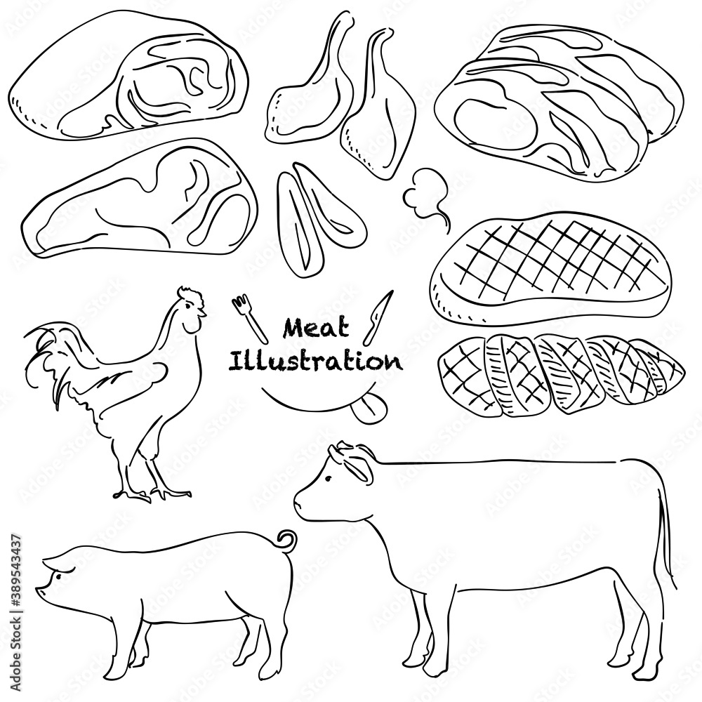 肉 鶏 豚 牛 あしらい ペン画 手書き Stock ベクター Adobe Stock
