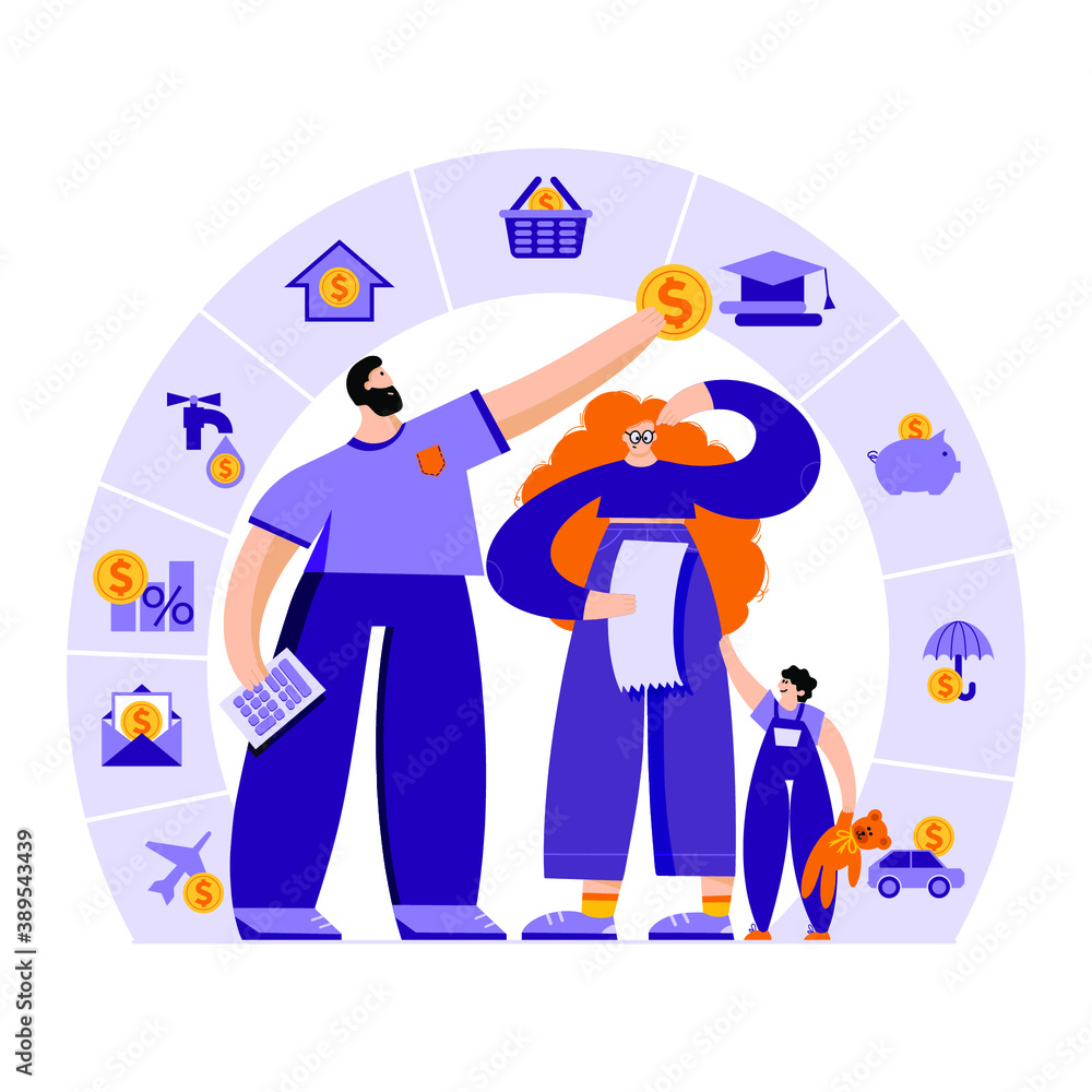 Young family together with child plan their budget by money allocation to different budget items Young family together with child plan their budget by money allocation to different budget items