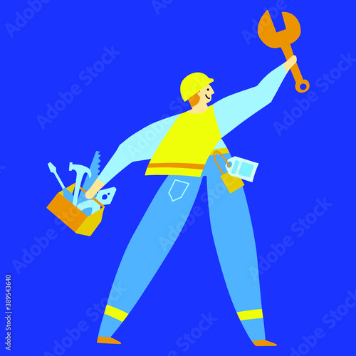 Maintenance worker ready to production service with tools in a box. Mechanic will provide adjustments for factory. Person wear helmet and uniform. 
