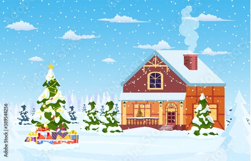 Suburban house covered snow. Building in holiday ornament. Christmas landscape tree spruce. Happy new year decoration. Merry christmas holiday. New year xmas celebration. Vector illustration © Rogatnev