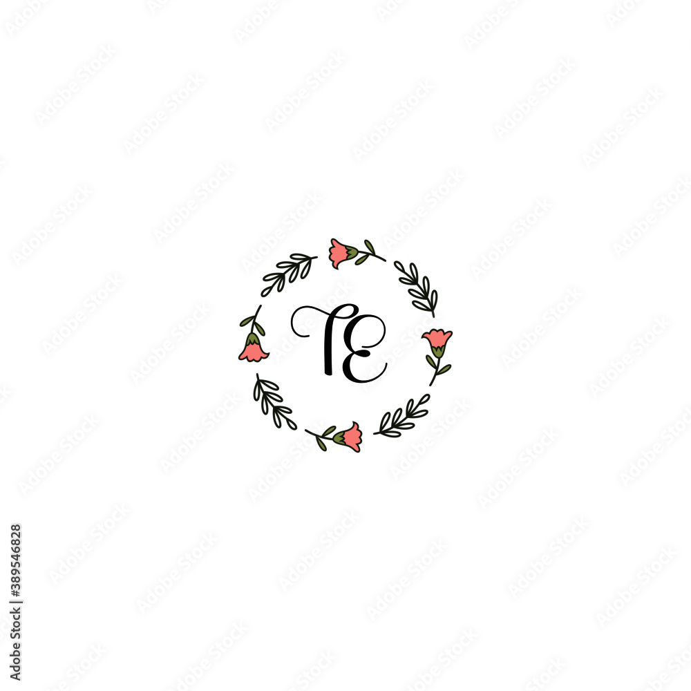 Initial TE Handwriting, Wedding Monogram Logo Design, Modern Minimalistic and Floral templates for Invitation cards	