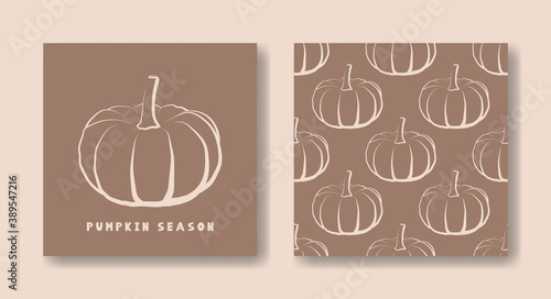 Pumpkin season card and seamless pattern in minimalist style. Vegetables hand-drawn line art texture. Food wrapping illustration of light and brown colors.