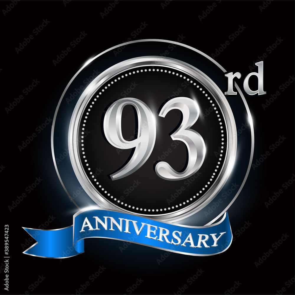 93rd anniversary logo with silver ring and blue ribbon. 93rd anniversary logo with silver ring and blue ribbon.