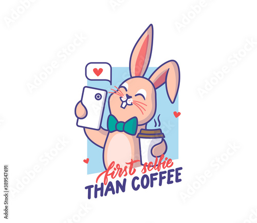 The Easter bunny is taking selfie and drinking. Cartoonish rabbit with a phrase - First selfie, than coffee. Good for t-shirts, cloth designs, stickers, ads, etc. This is a vector illustration