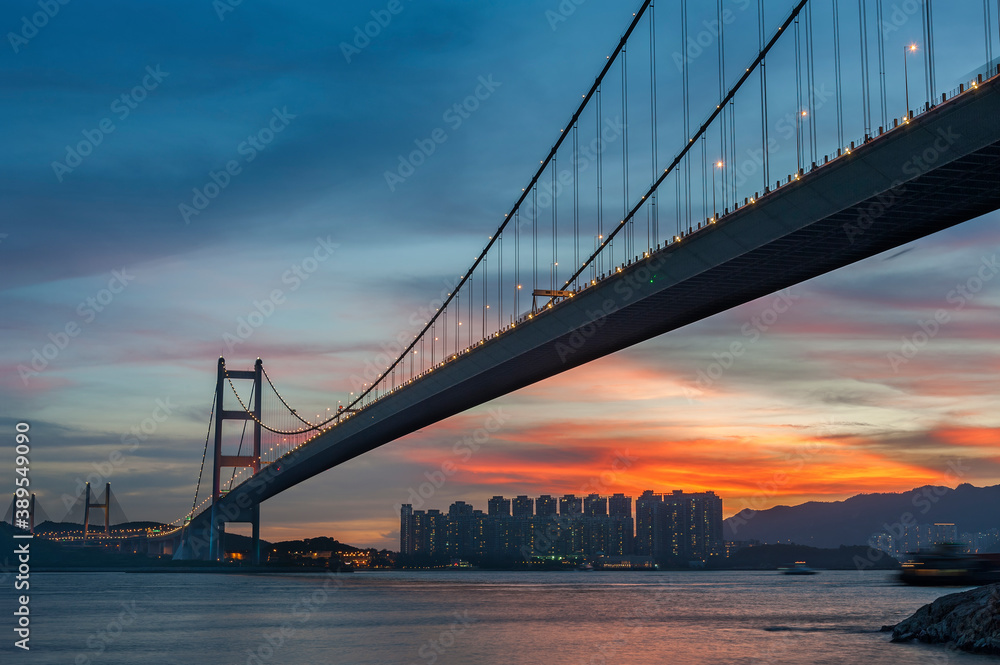 Tsing Ma bridge in Hiong Kong under sunset Tsing Ma bridge in Hiong Kong under sunset