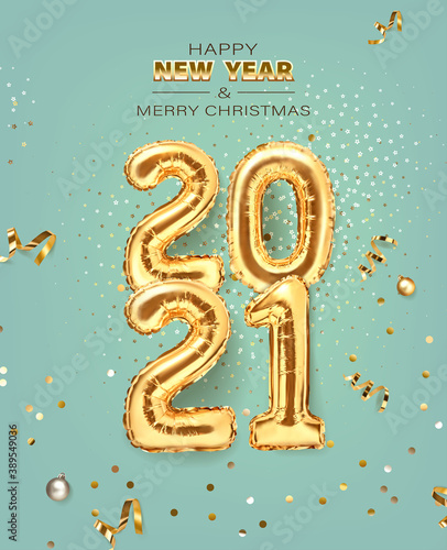 2021 golden decoration holiday on trendy background. Shiny party background. Gold foil balloons numeral 2021 with realistic festive objects, glitter gold confetti and serpentine. Happy new year 2021